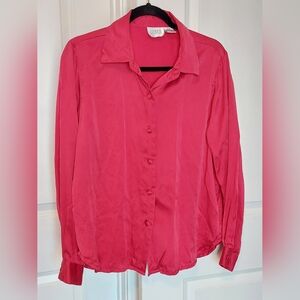 VTG Lizden 100% Silk Blouse Shirt Top Red Long Sleeve Button Down Soft Holiday M